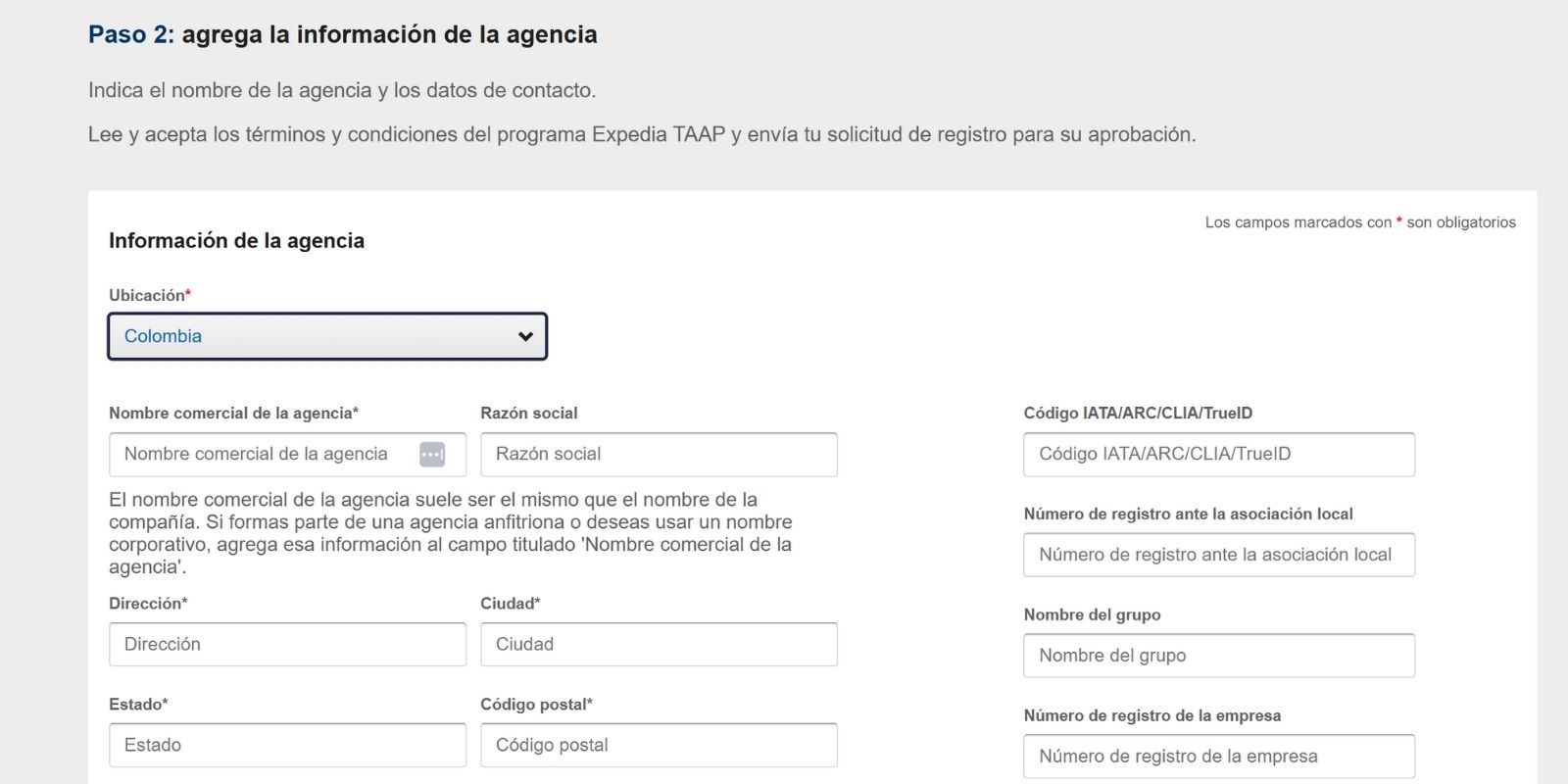 Paso tres para registrar agencia de viajes colombiana en Expedia TAAP