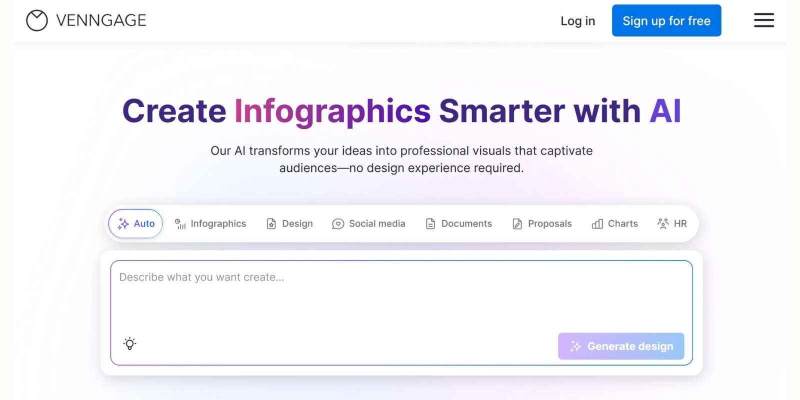 Venngage main page with IA function