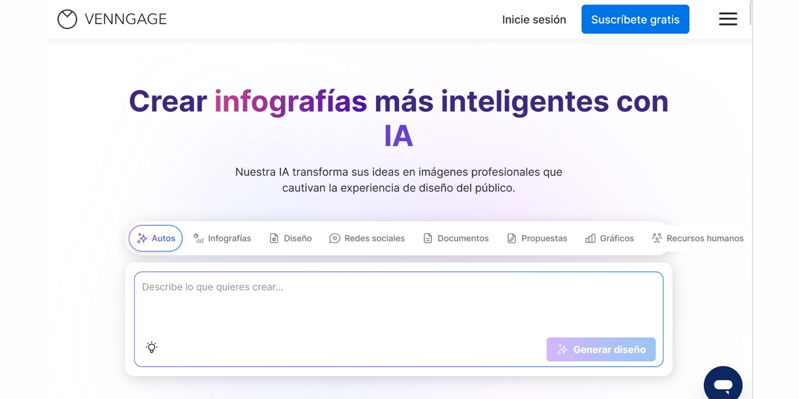Página principal de Venngage con funciones IA