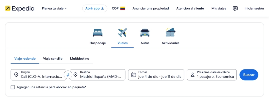 Expedia buscar vuelos en Colombia