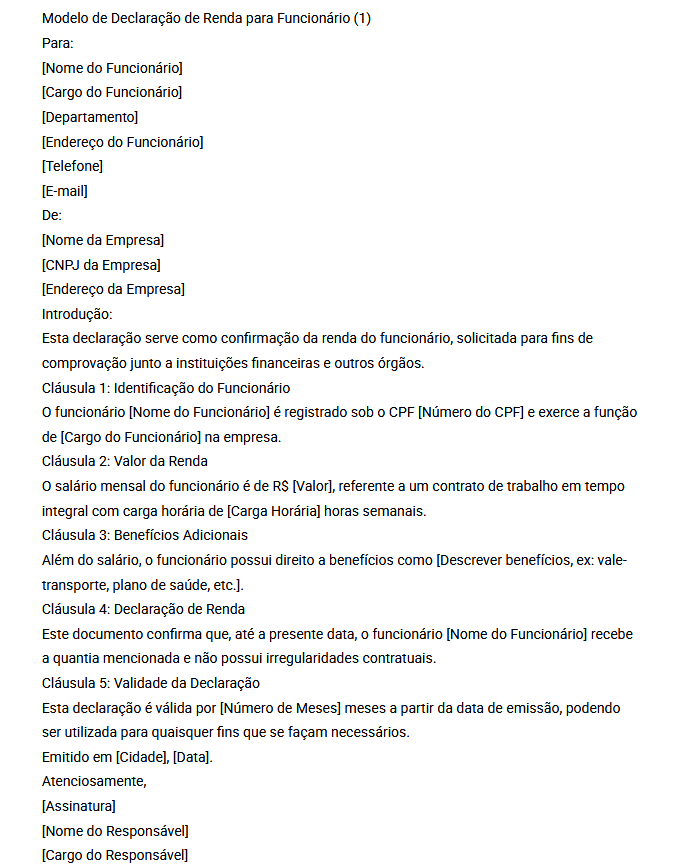 Declaração de Renda para Funcionário