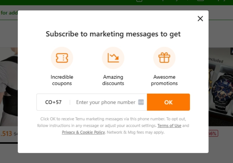 SMS Temu para recibir cupones de descuento