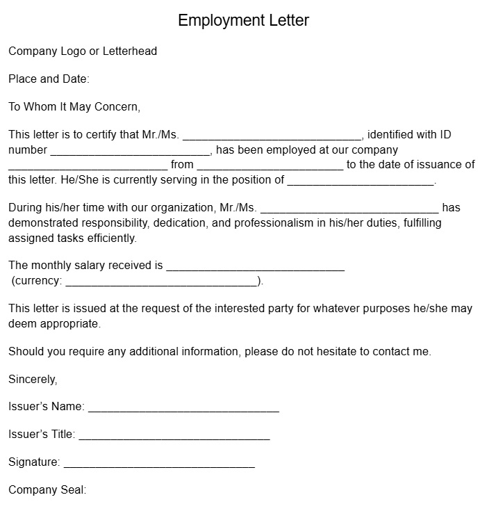 Carta de trabajo en ingles