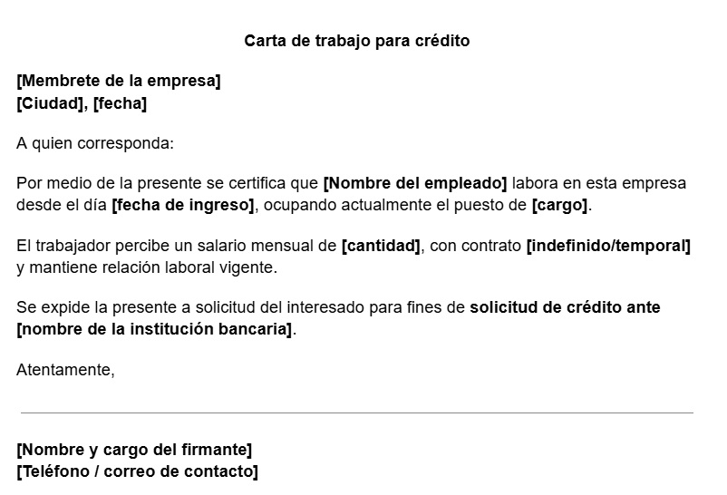 Carta de trabajo para crédito