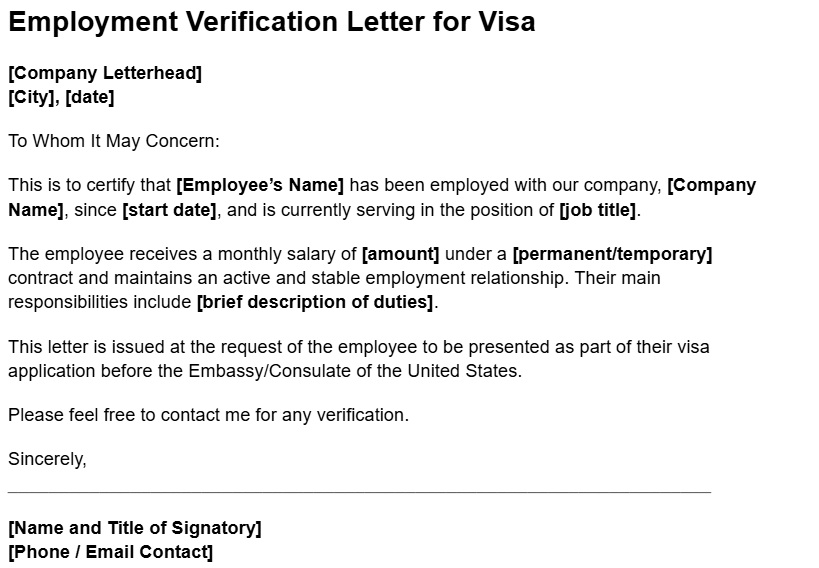 carta de trabajo para visa en ingles