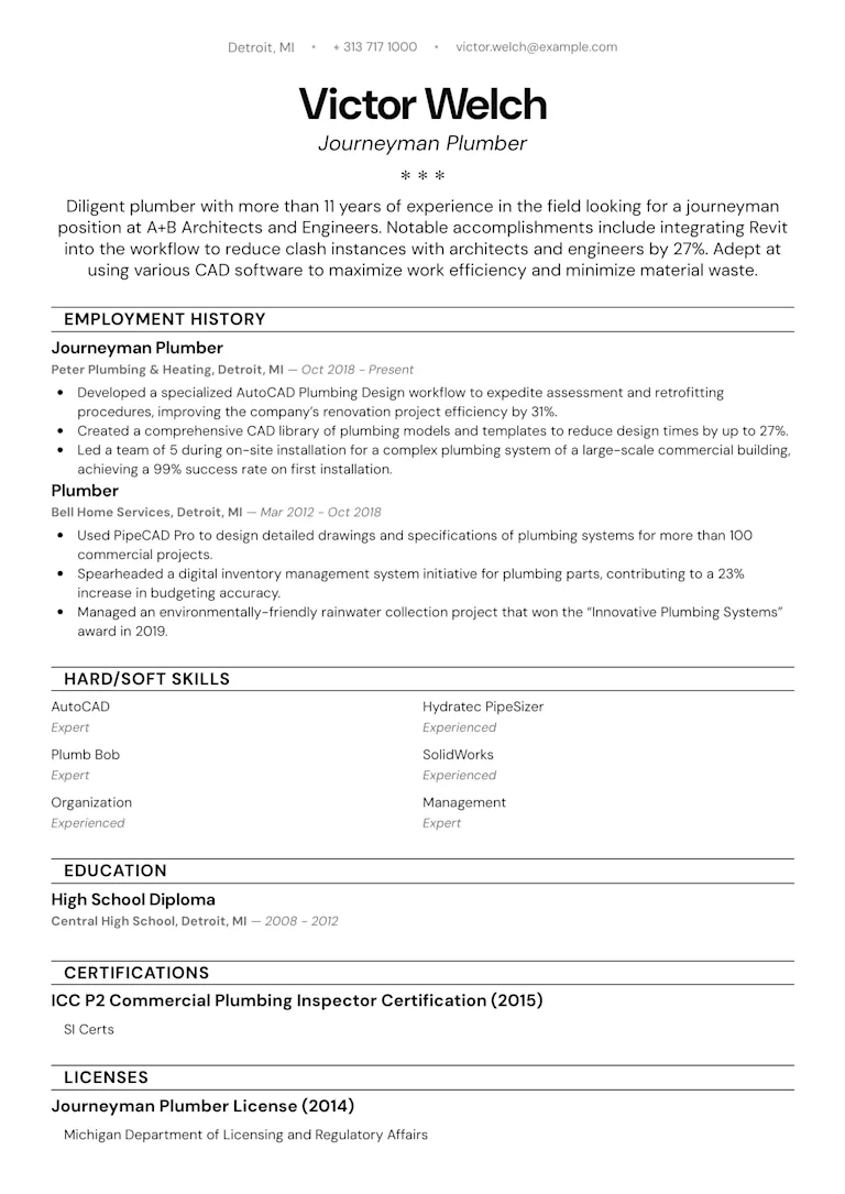 Plumber Resume Example and a Step-by-Step Writing Guide