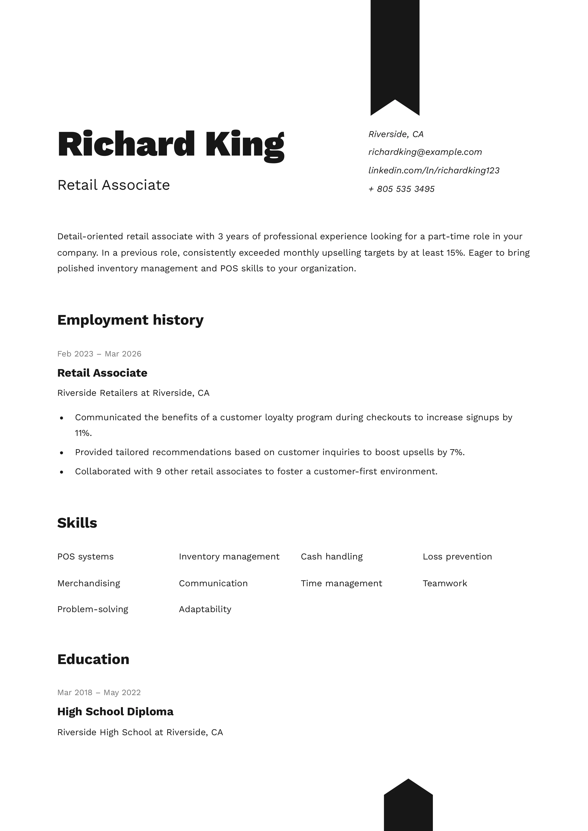 Part-Time Job Resume Example for a Retail Associate