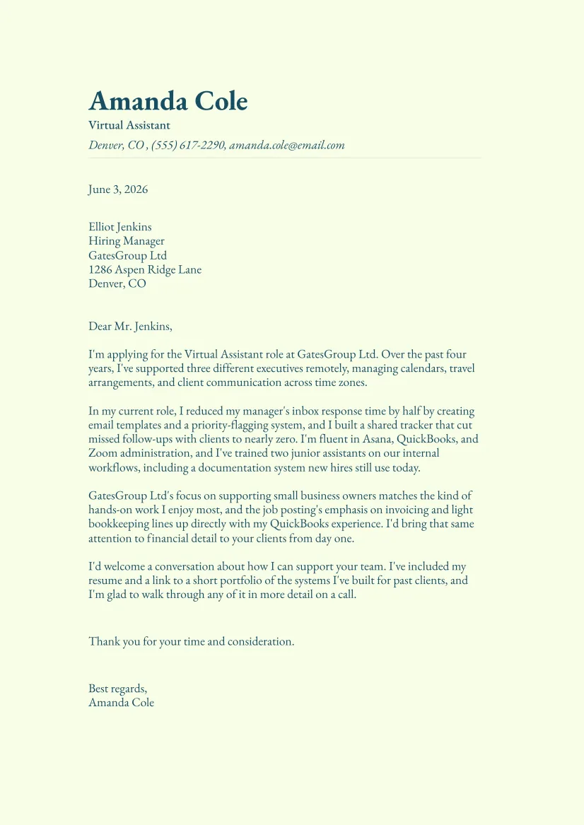 Experienced Virtual Assistant Cover Letter Sample