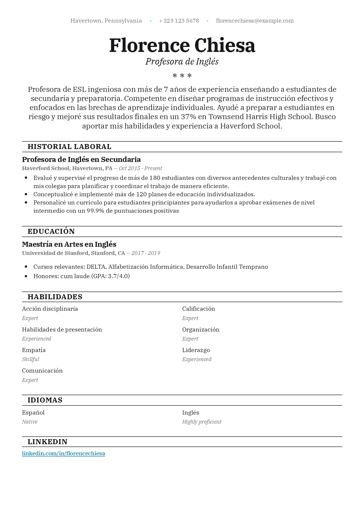 Ejemplo de Currículum de la Profesora