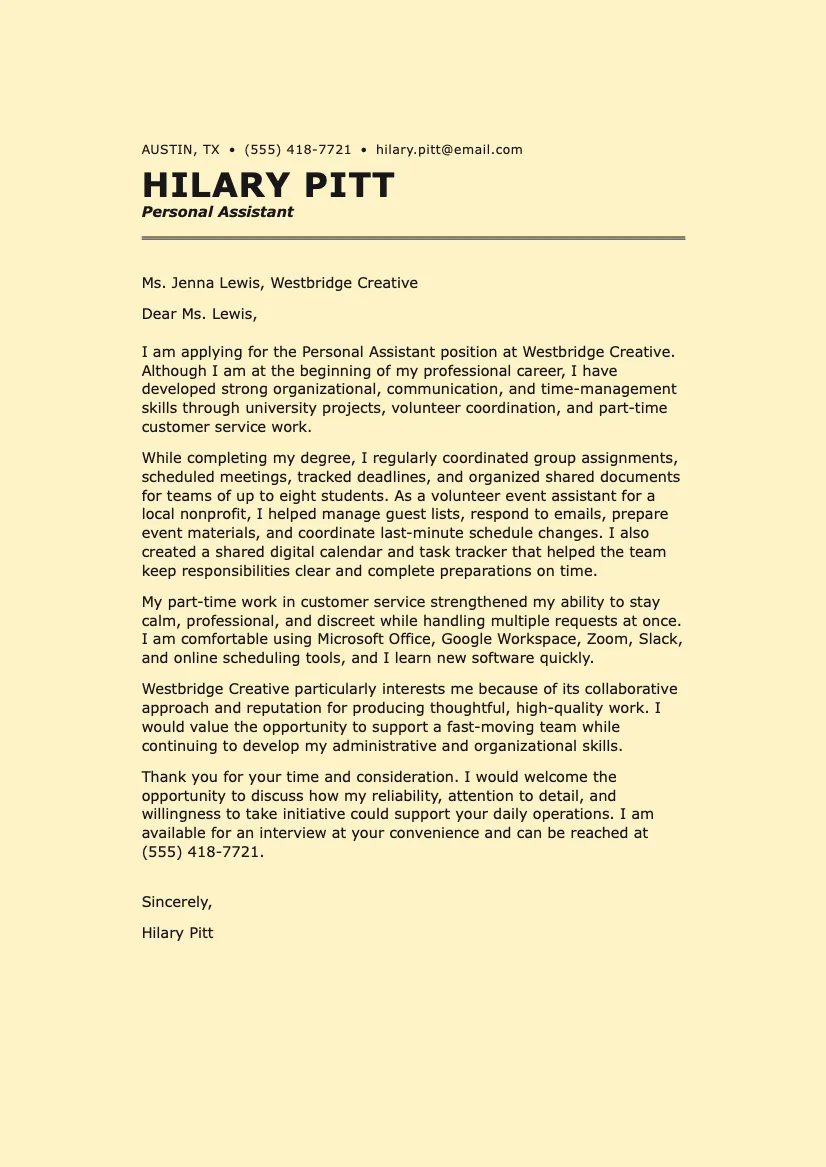 Personal Assistant Cover Letter Sample With No Experience