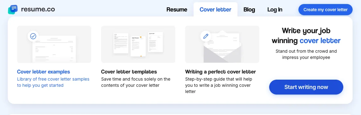 selecting Cover Letter from the header
