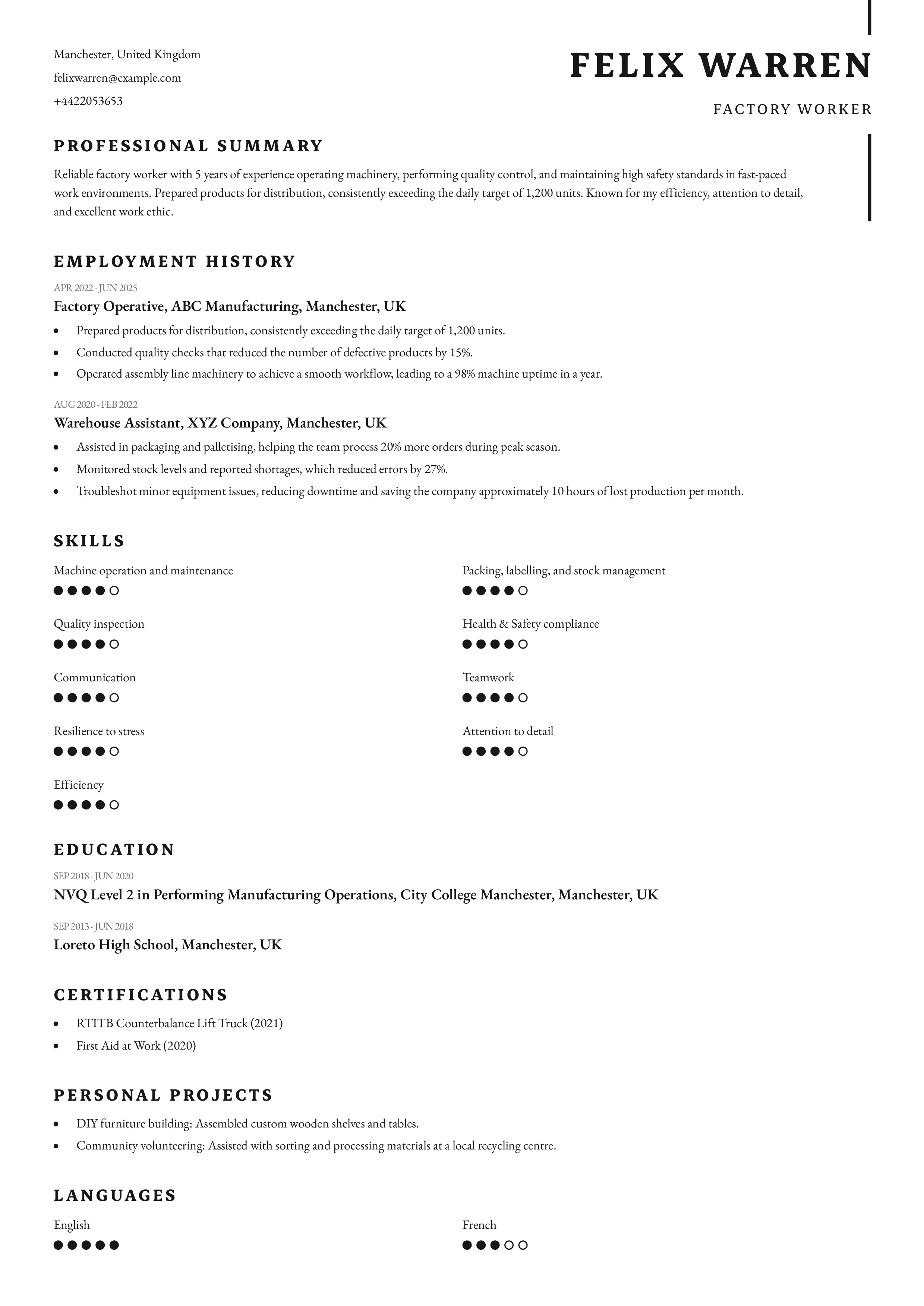 Factory Worker CV