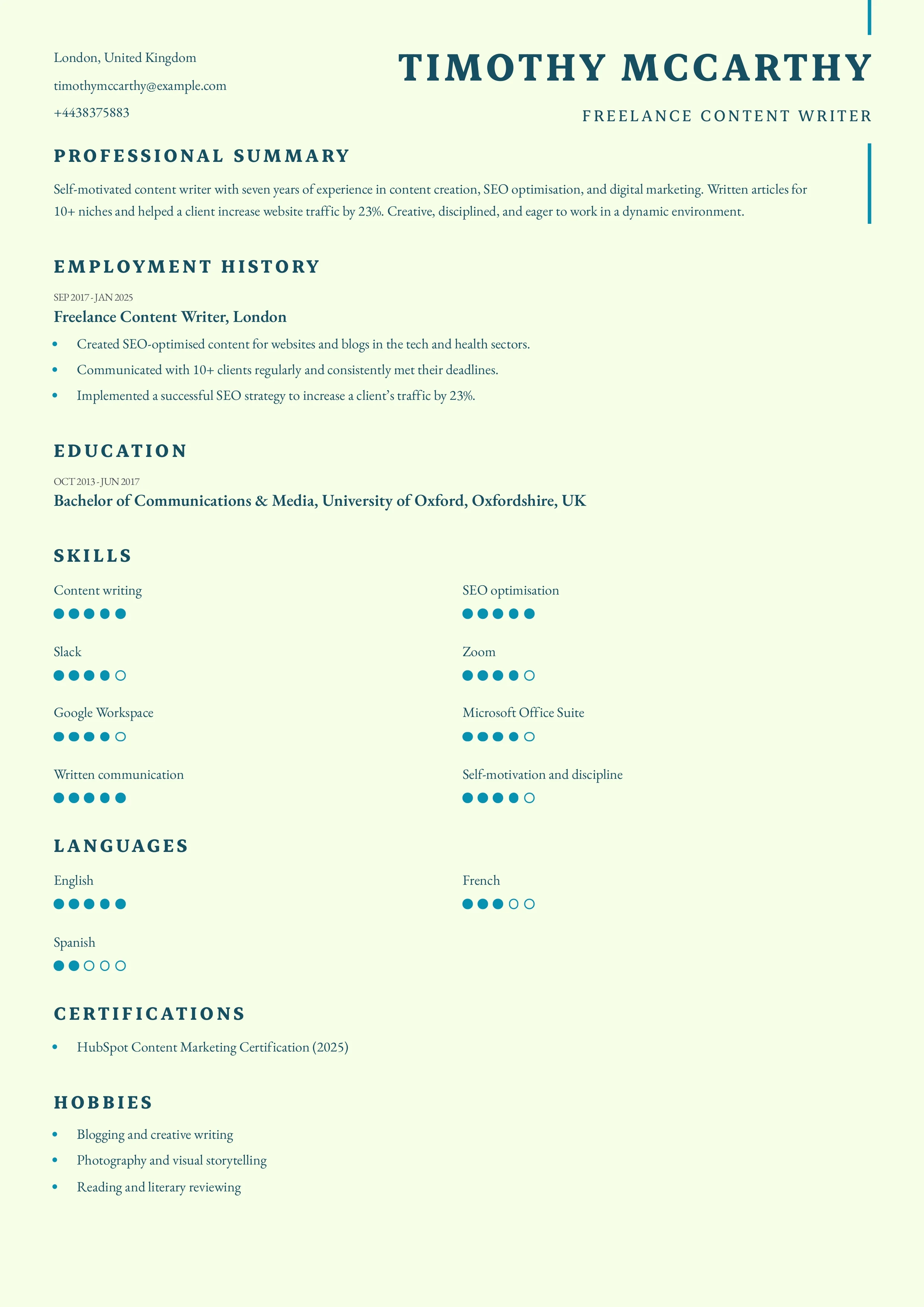Work From Home CV Example