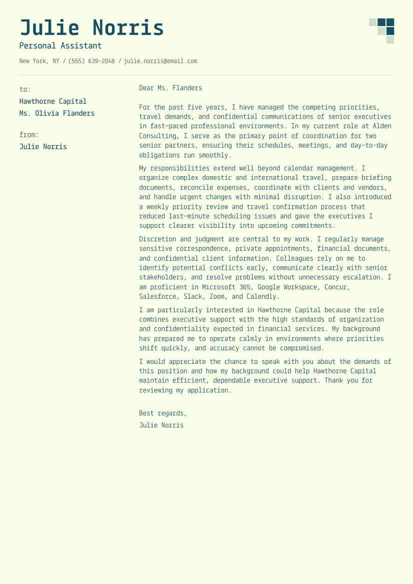 Experienced Personal Assistant Cover Letter