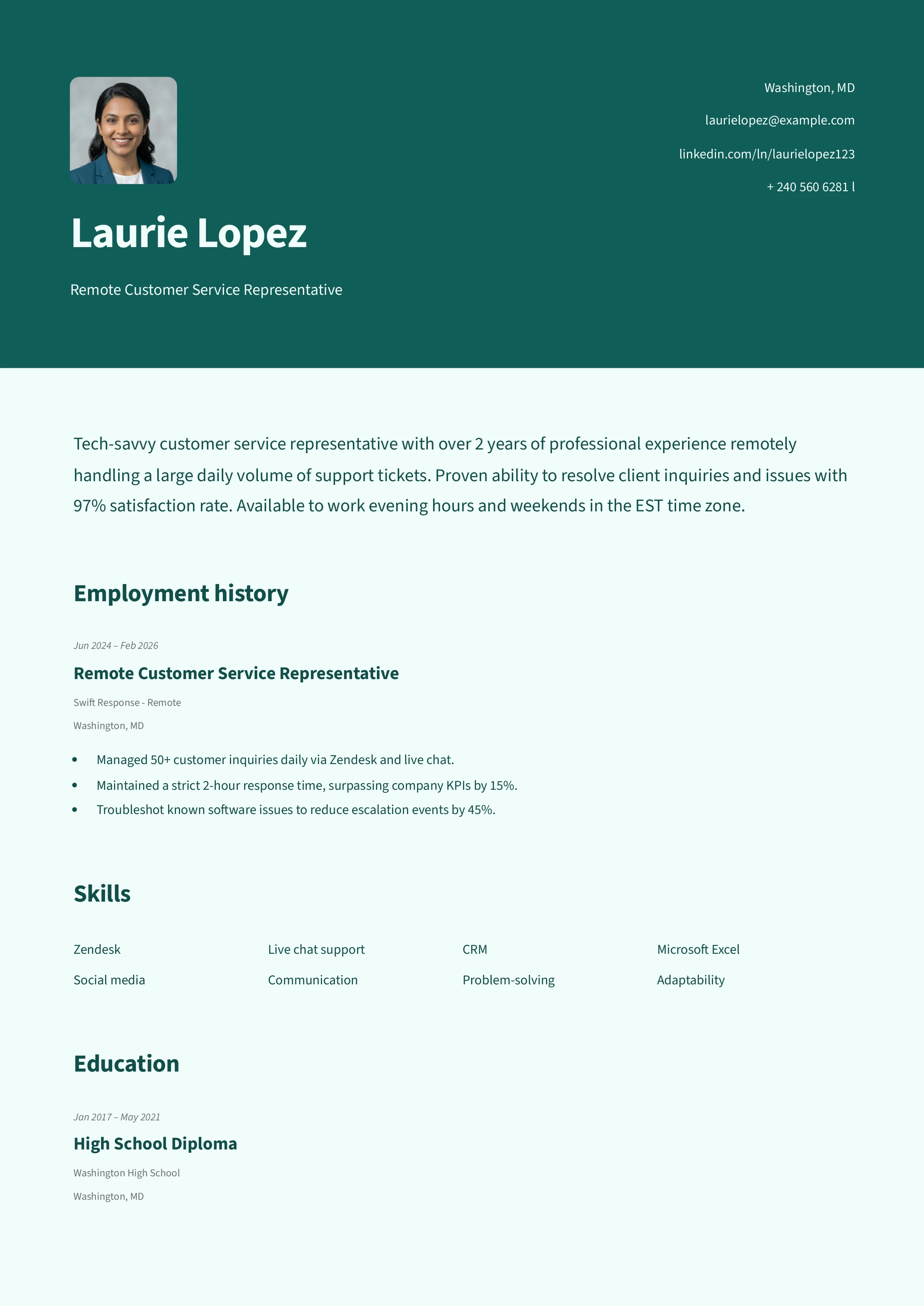 Part-Time Job Resume Example for a Customer Service Representative