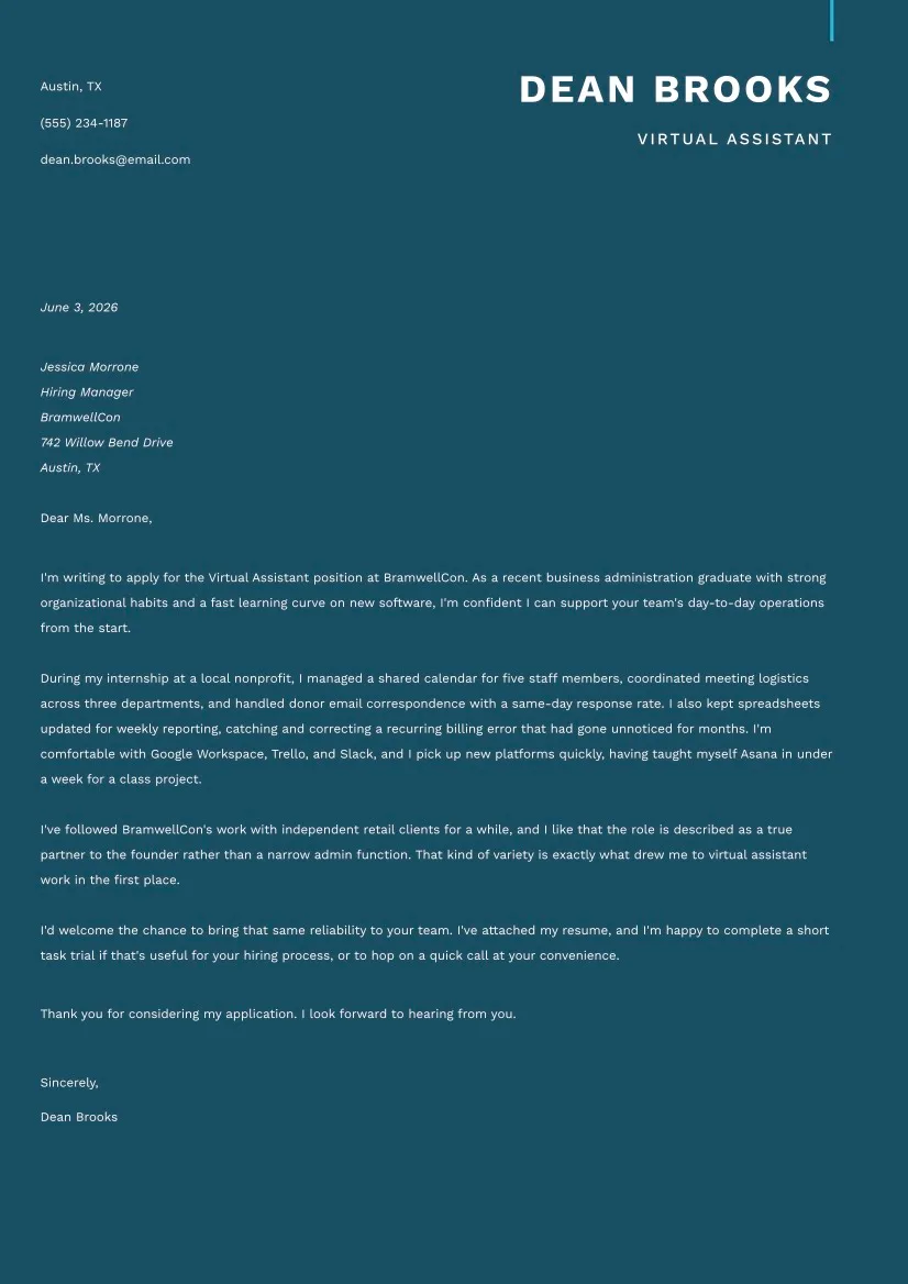 Entry Level Virtual Assistant Cover Letter