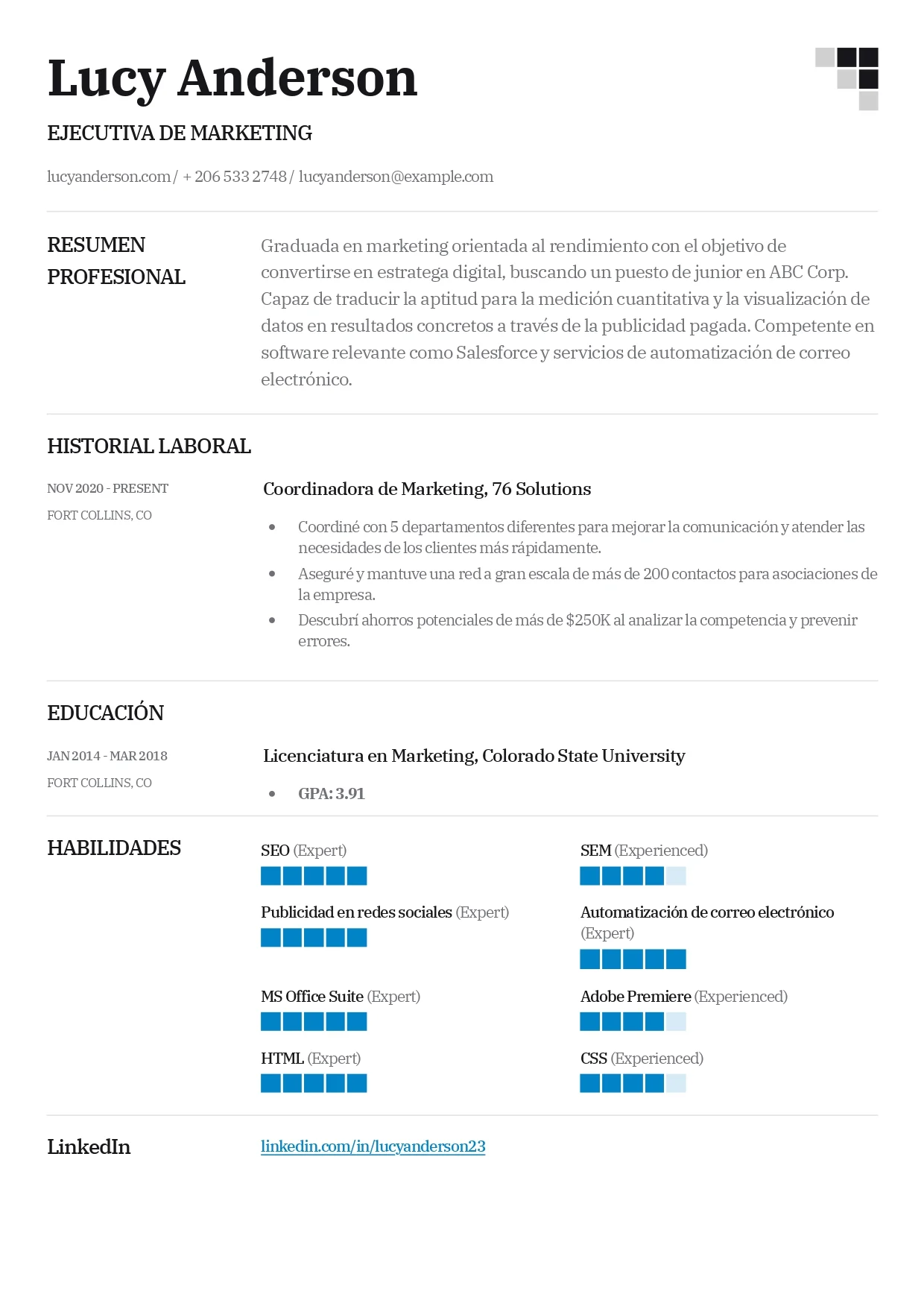 Ejemplo de Currículum para Marketing