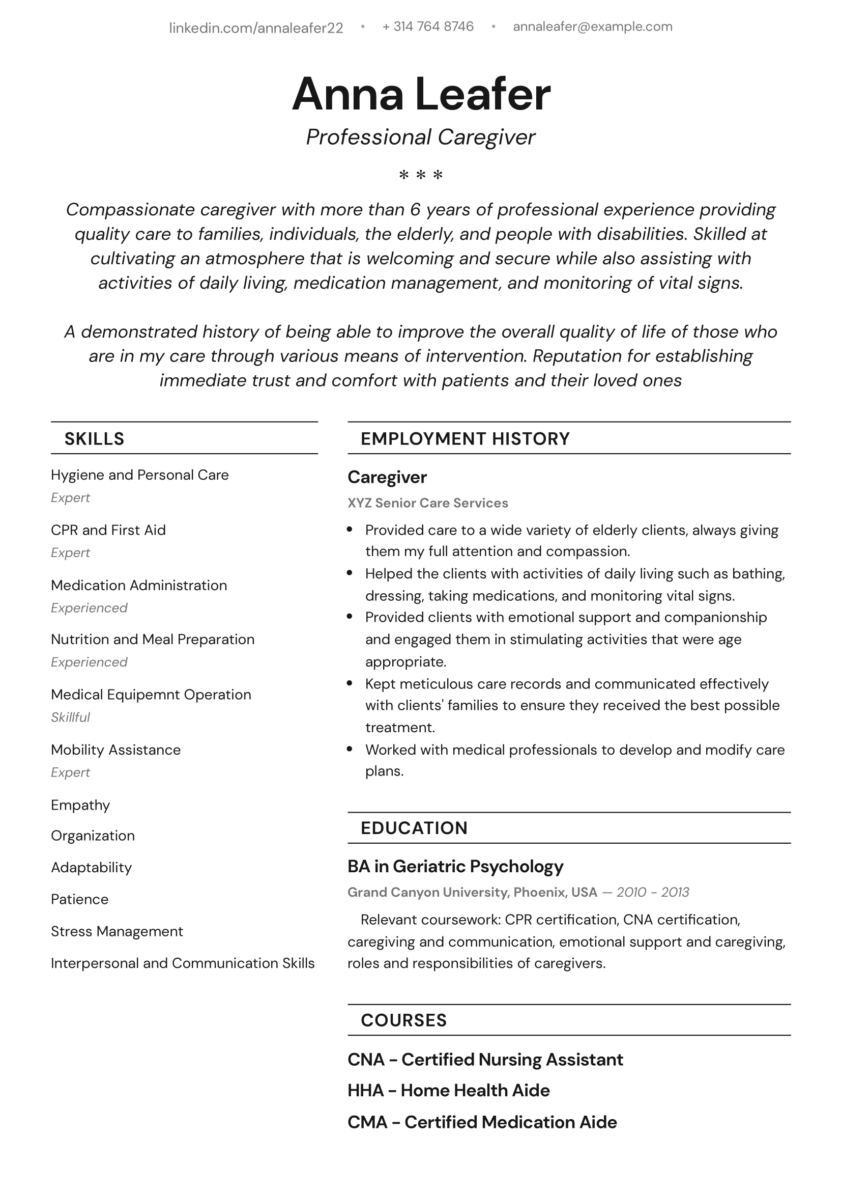 caregiver with experience