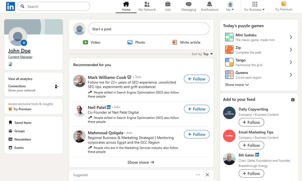 Browse LinkedIn Feed