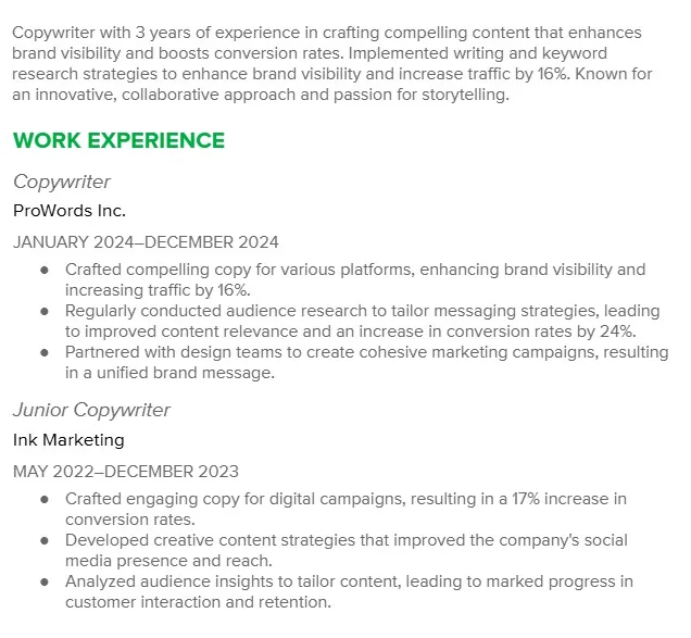 two resume sections good example