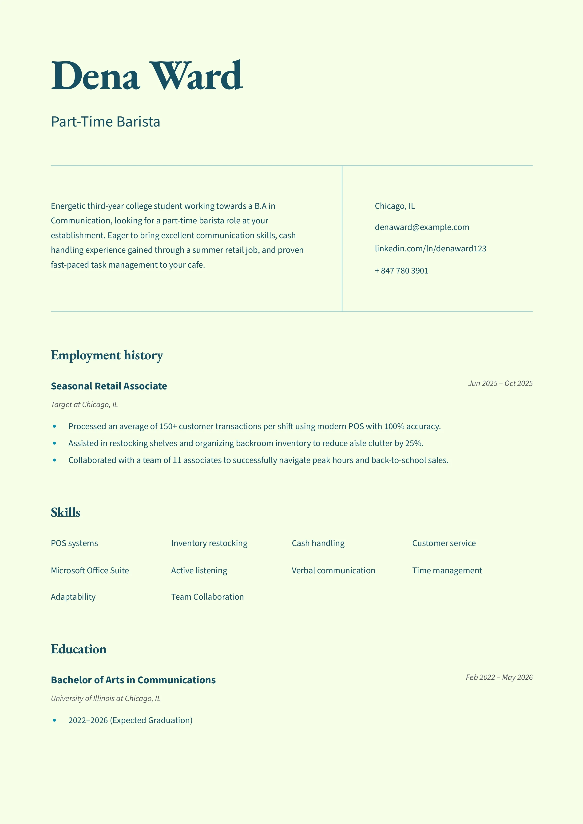 Part-Time Job Resume Example for a Student