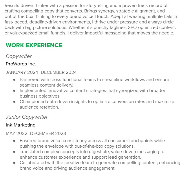 two resume sections filled with buzzwords
