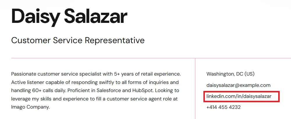 LinkedIn link in the header or footer of resume