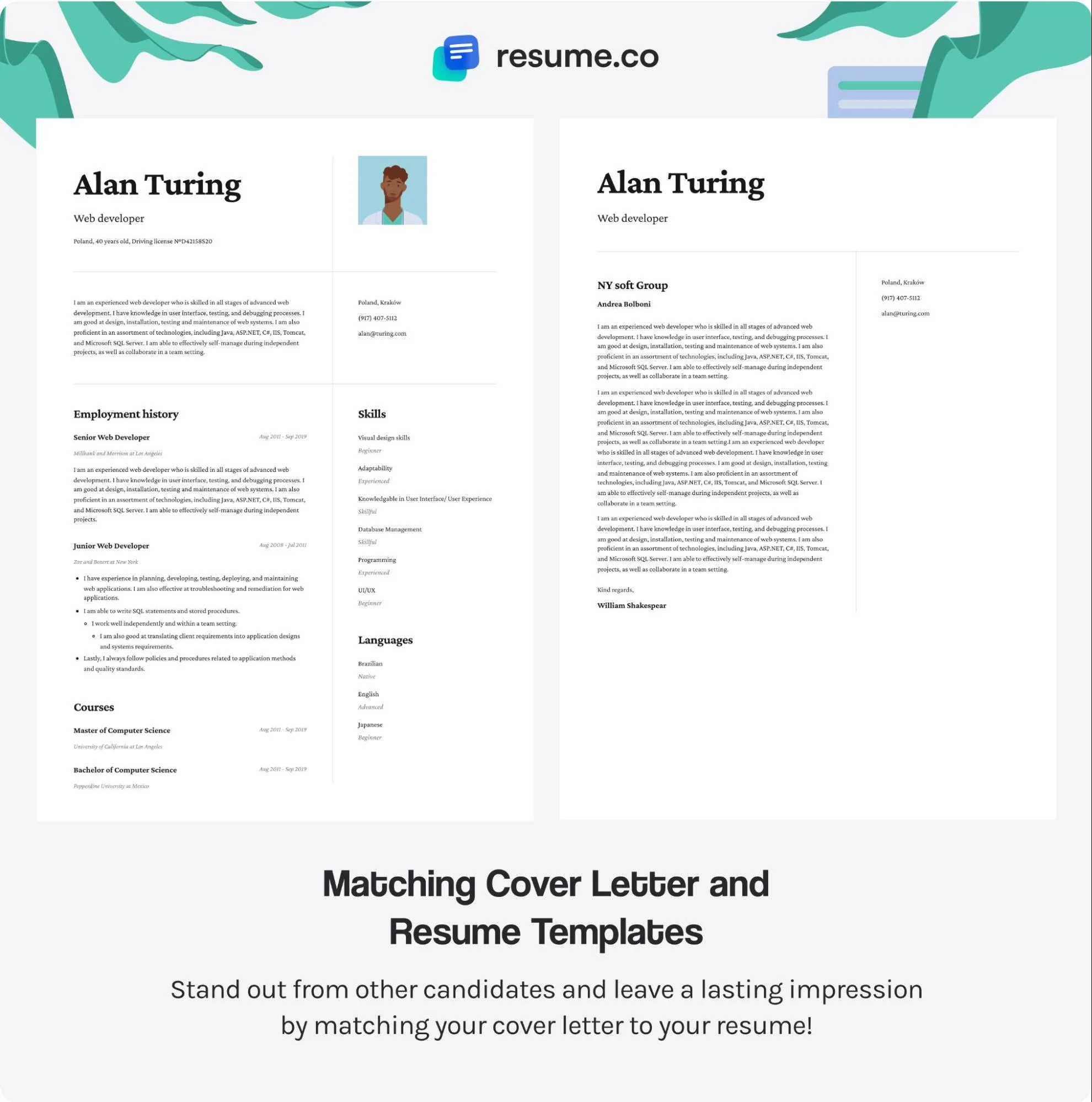 matching cover letter and resume template