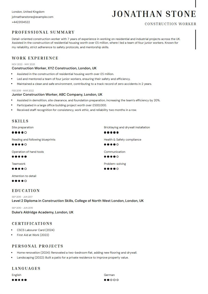 construction worker cv example