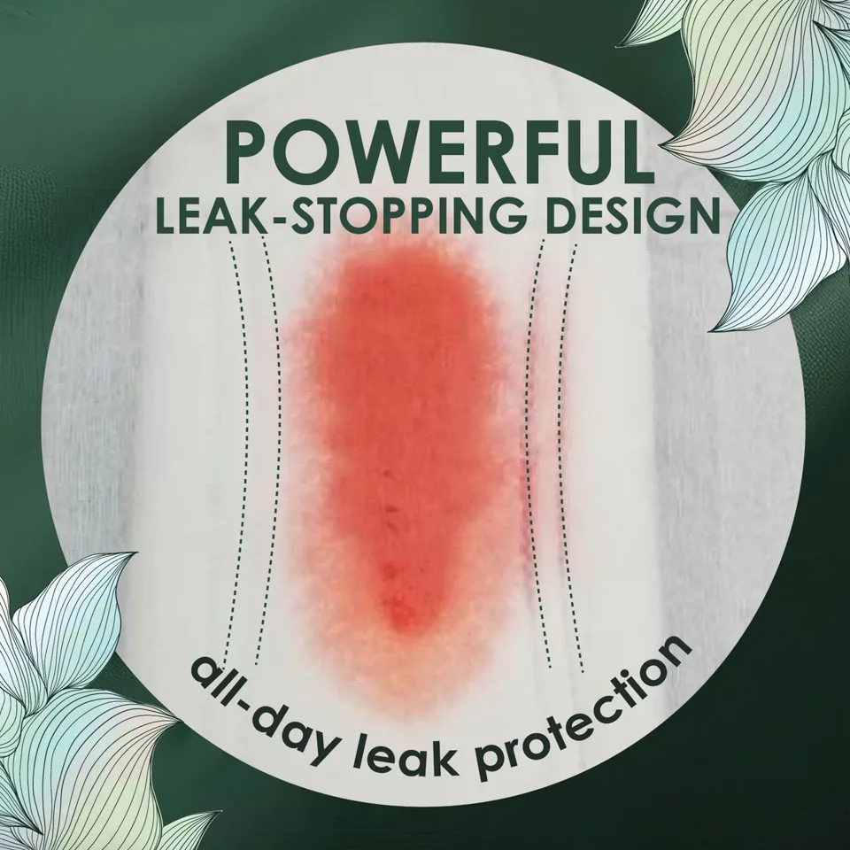 Closeup of L. pad absorbing red liquid highlighting the channels of the pads. Powerful leak stopping design, all day leak protection