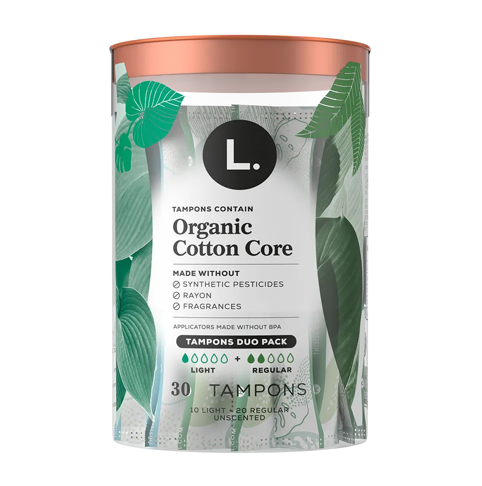 Organic light and regular tampons with a 100% cotton core 