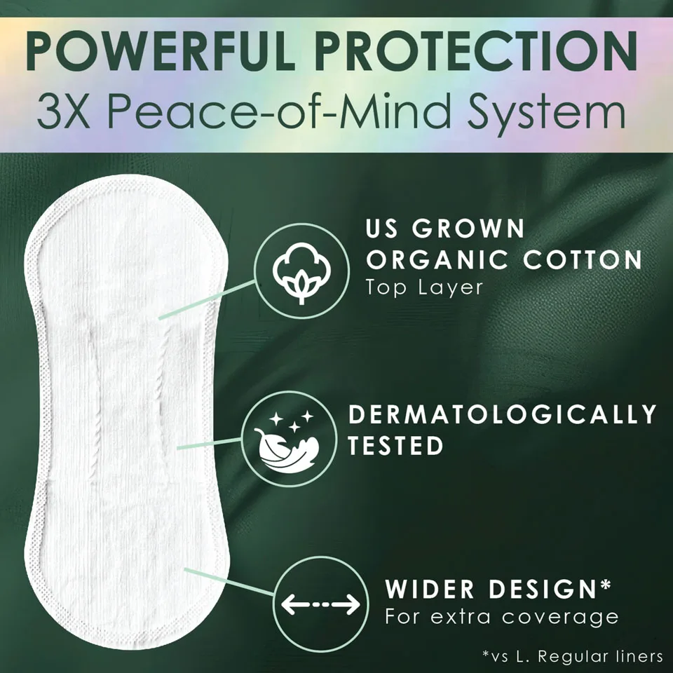 Powerful protection 3X Peace-of-Mind System: 1) Dermatologically Tested 2) US Grown Organic Cotton Top Layer 3) Wider Design* for extra coverage *vs L Regular Liner"