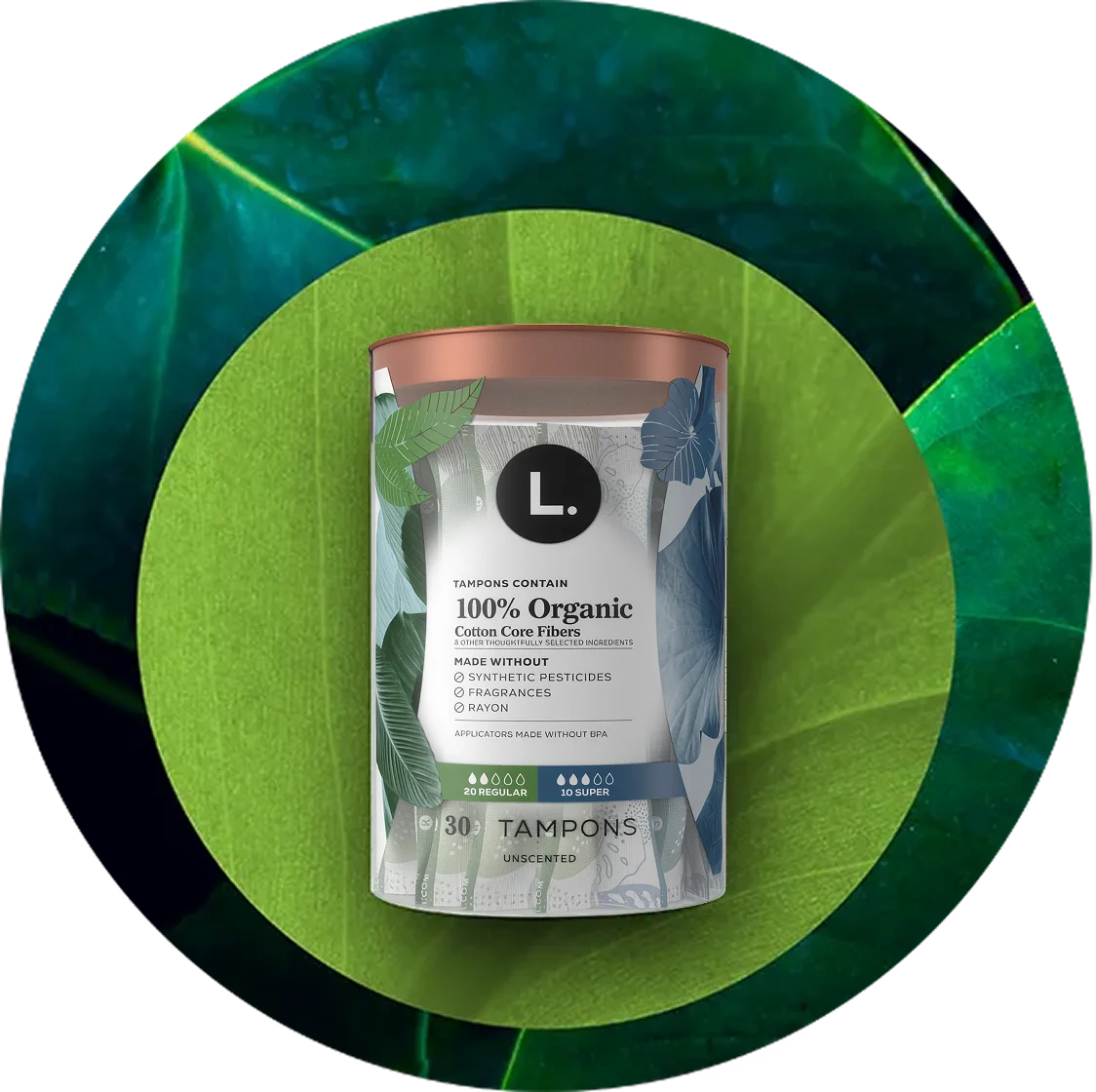 Container of L. Organic Cotton Core Tampons, Unscented, 30 count (20 Regular, 10 Super)