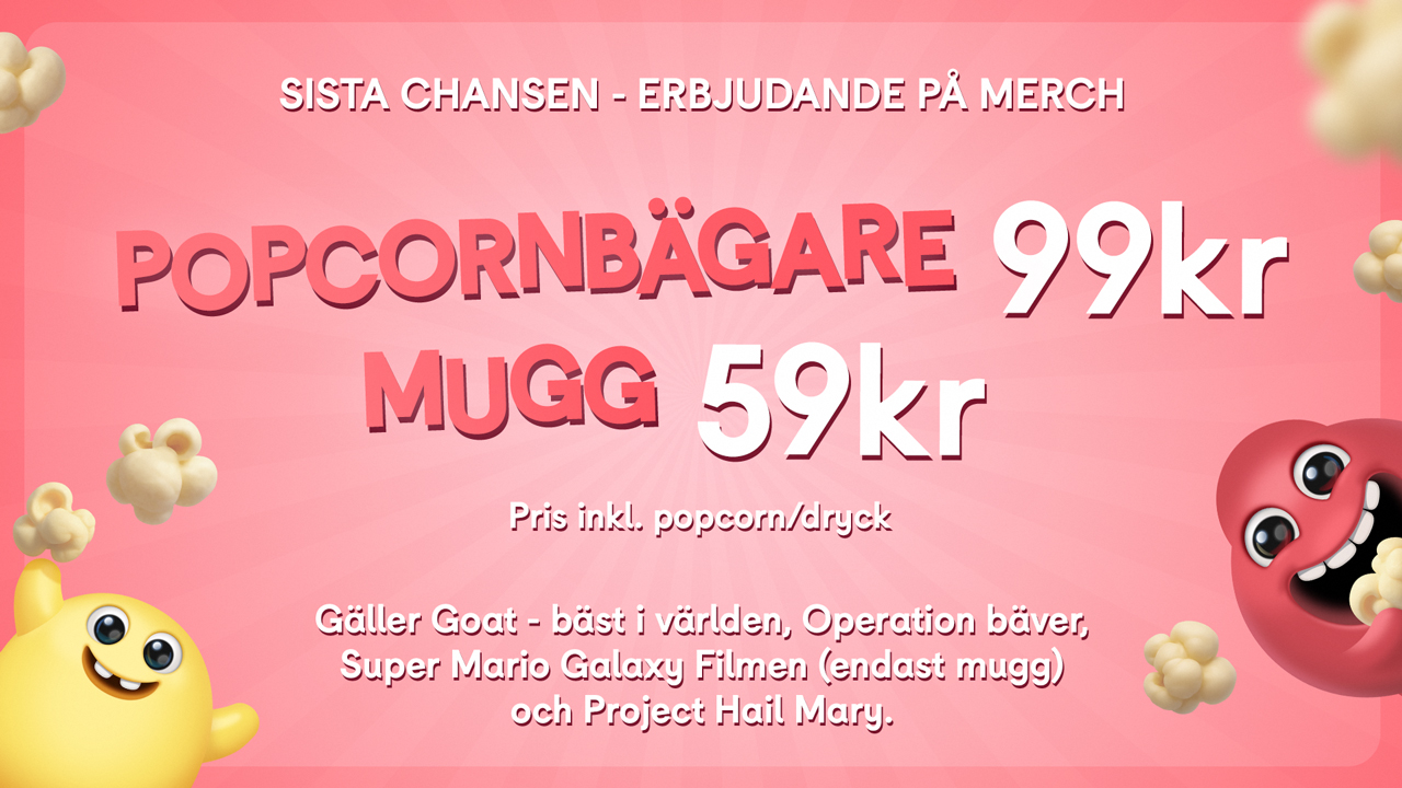 En bild med rosa bakgrund med glada figurer och popcorn – med texten: popcornbägare 99 kr, Mugg 59 kr.