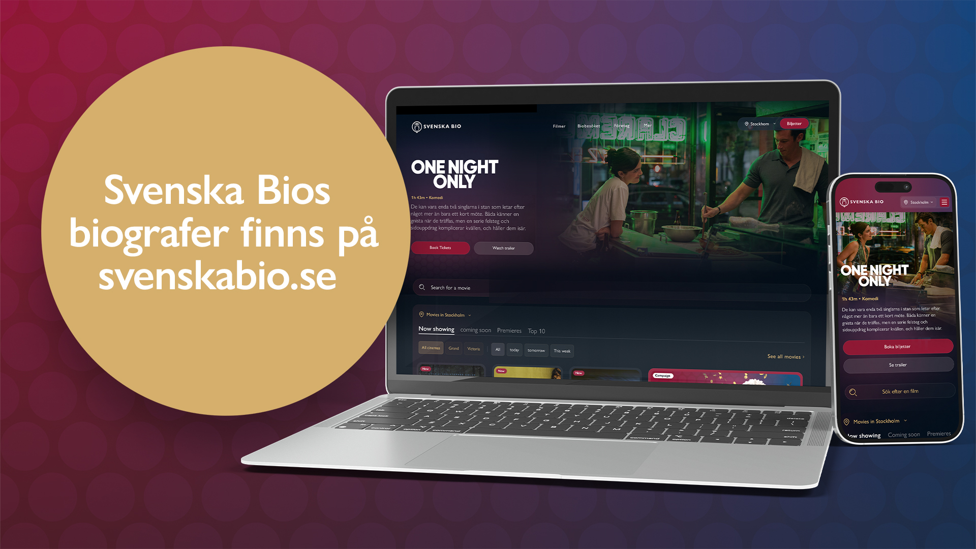 Laptop och mobil som visar Svenska Bios webbplats med texten "Svenska Bios biografer finns på svenskabio.se".