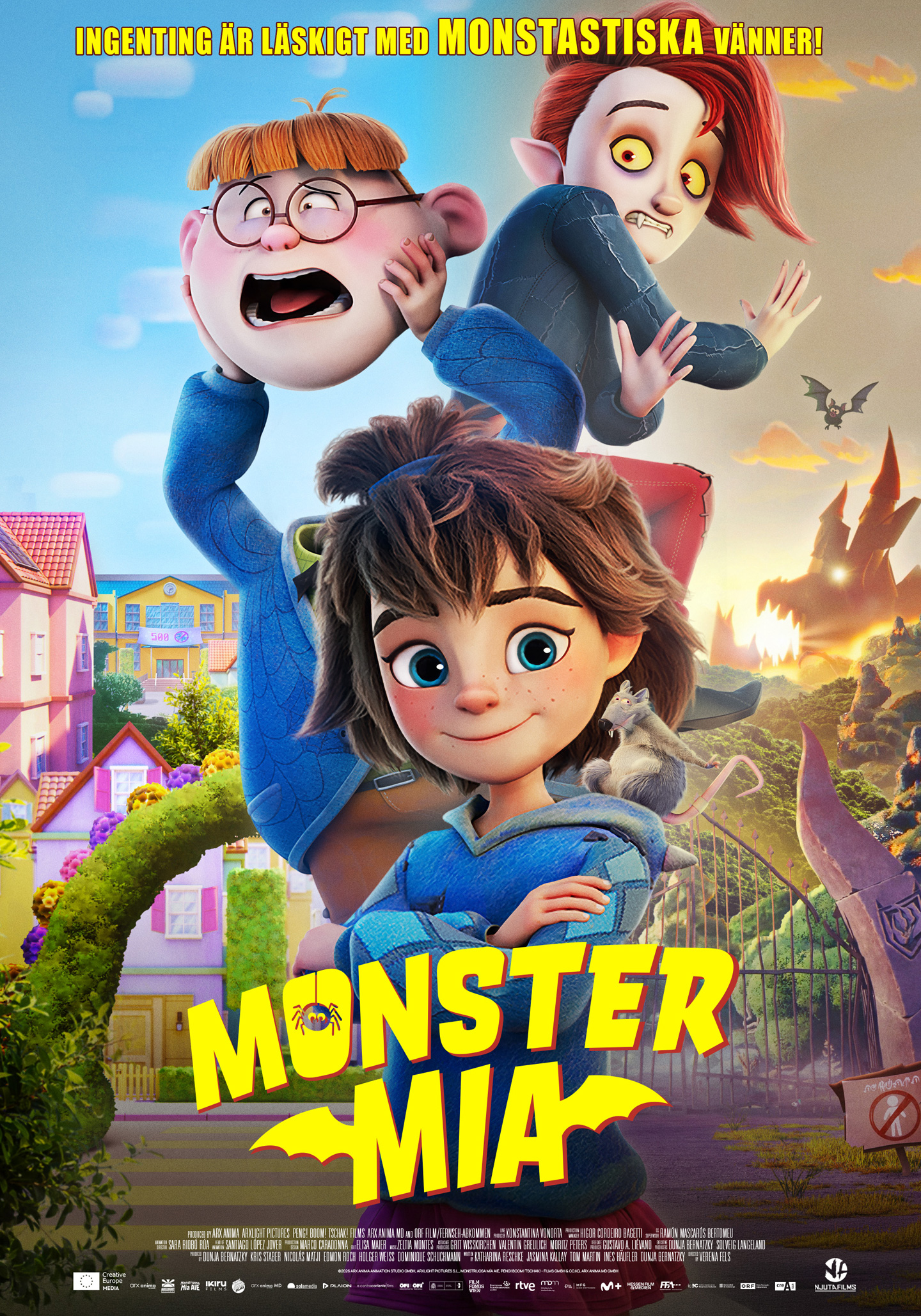 Filmaffisch för Monster Mia. En animerat bild på ett barn som står i förgrunden med ett monsterliknande slott och flera fantasifigurer i bakgrunden.