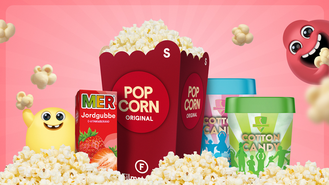 En bild med rosa bakgrund med glada figurer och popcorn – och produkterna En liten popcorn + 20cl MER + sockervadd.