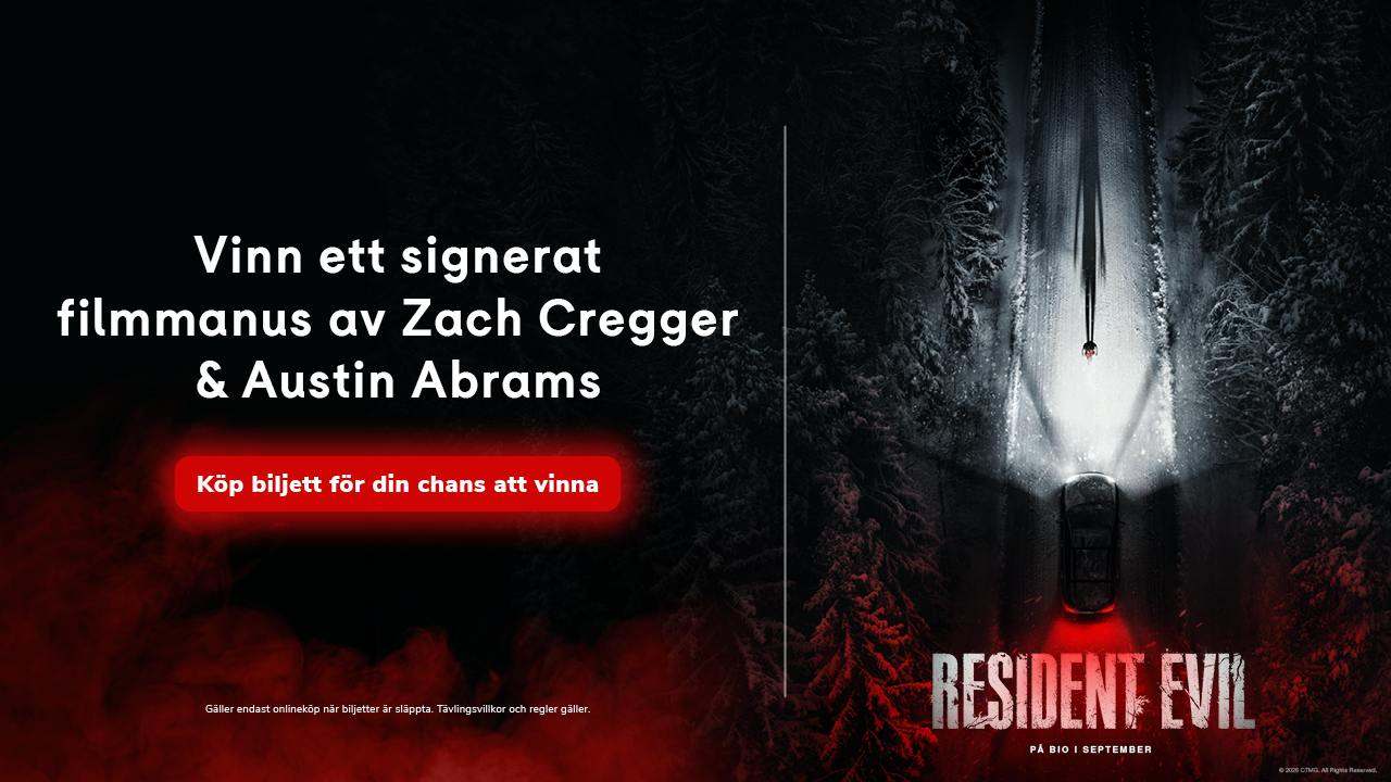 Tävling där man kan vinna ett filmmanus från Resident Evil av Zach Cregger och Austin Abrams, text till vänster och filmposter till höger.