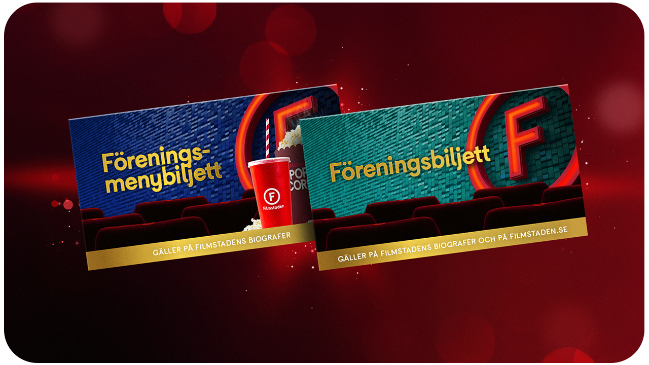 Bild på två biobiljetter "Föreningsbiljett" och "Förenings-menybiljett" på röd bakgrund.