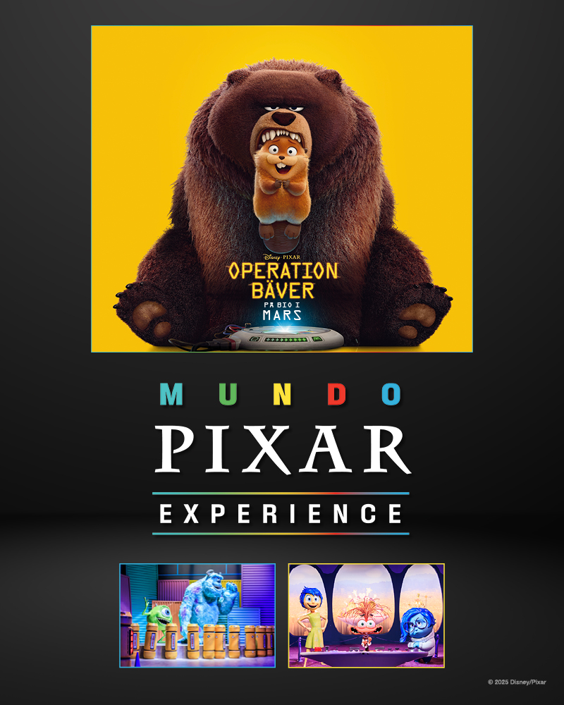 Affisch från Filmen Operation bäver och texten Mundo Pixar Experience