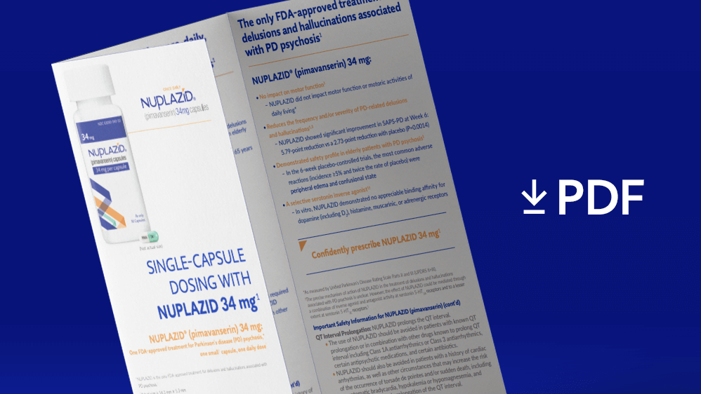 Guide with "PDF" listed next to it and a download arrow representing NUPLAZID® dosing guide available to read and download