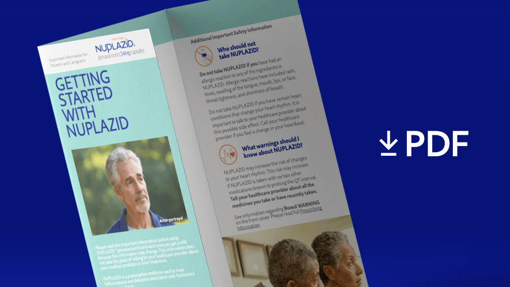 Brochure with "PDF" and a download arrow shows NUPLAZID® Patient Brochure PDF available to download