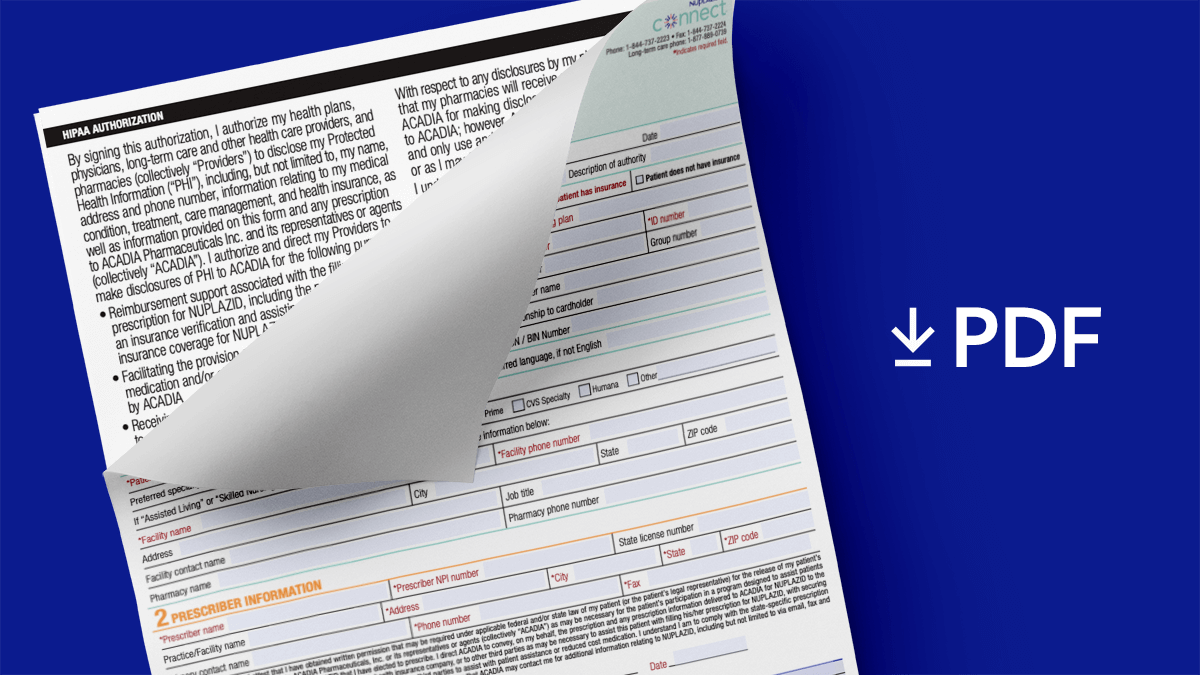 Form with "PDF" and a download arrow representing NUPLAZID treatment form available to download and complete