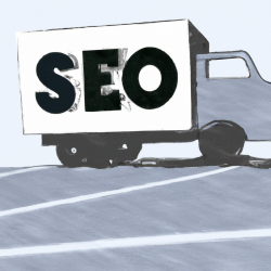 A digital art representation of a moving truck on a road, symbolizing the topic of SEO for moving companies.