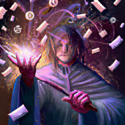 a digital art of a wizard holding a quill, surrounded by floating email icons, symbolizing the magic of AI email writers.