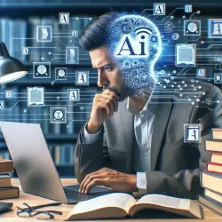 A Hispanic male researcher working on a laptop surrounded by books and papers, with AI and citation style icons displayed on the screen.