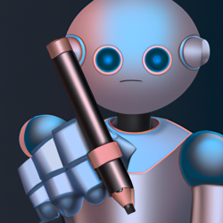 A digital art representation of a robot holding a pen, symbolizing AI blog generators.