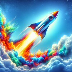 A rocket ship blasting off into a bright blue sky, with vibrant colors and dynamic energy.