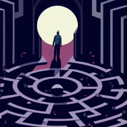 A person standing at the entrance of a maze with various symbols representing different niches, holding a glowing orb that represents AI, illuminating a unique path through the maze.