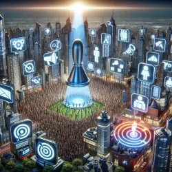 A futuristic cityscape with skyscrapers shaped like marketing tools, a diverse crowd in the central square, and a glowing AI hologram above.